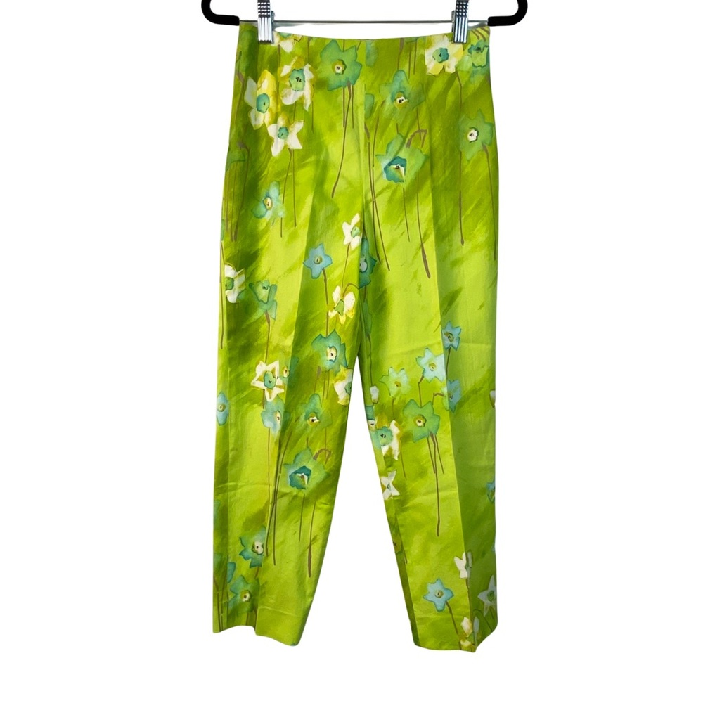 Allan Waller Spring Summer Green Pastel Watercolor Floral Capri Pants Size 4